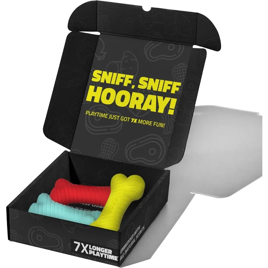 Dog Toys Rainbow Scent Chew Toy Gift Box for Dogs Dual Layer Bones with Peanut Butter Chicken Beef Scent Easy to Clean Non-Toxi